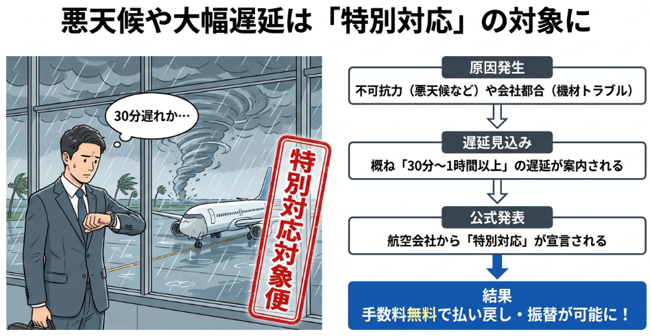 飛行機が遅延した時に無料払い戻しを受ける条件