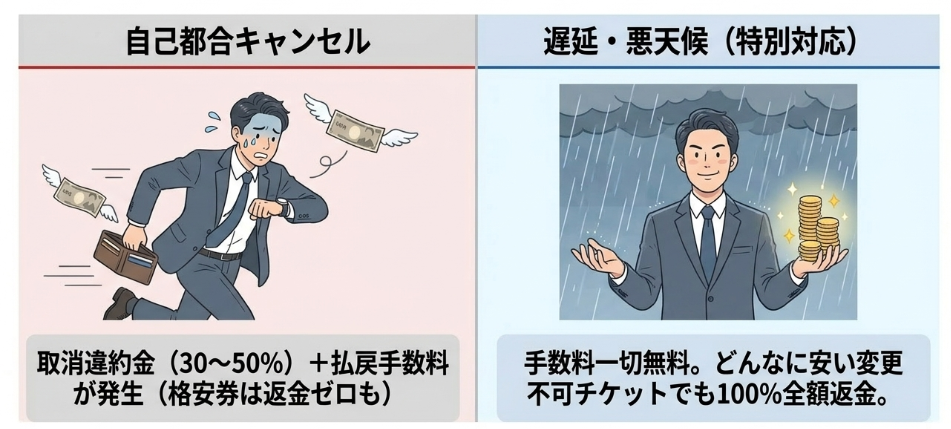 自己都合キャンセルとの違いと手数料の有無