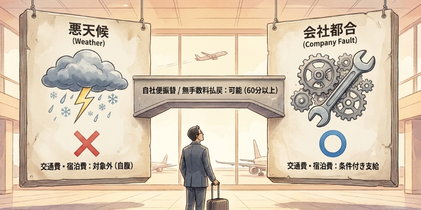 悪天候と会社都合で異なる遅延補償の対象範囲