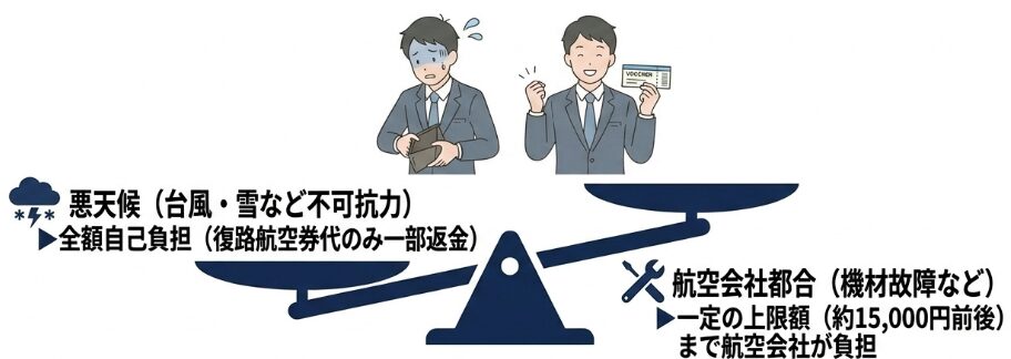欠航で1泊延長した際のホテル代の自己負担額
