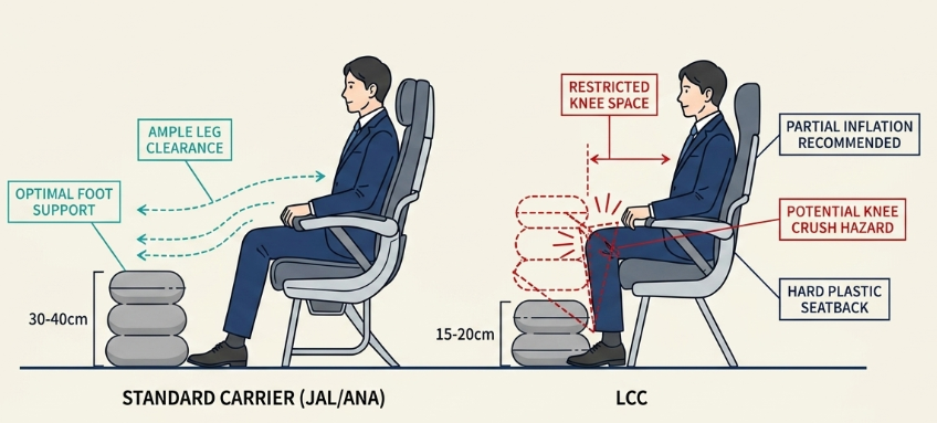 座席の狭いLCCで足元スペースを圧迫しない配置方法