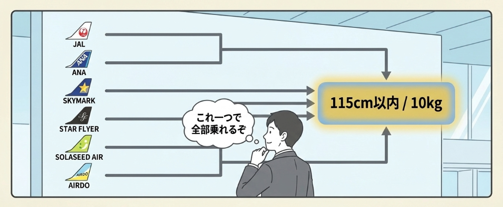 主要航空会社別の持ち込みサイズ比較